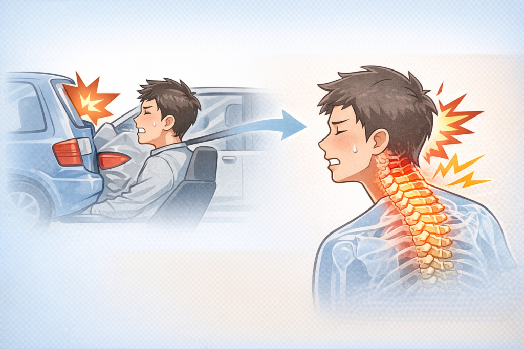 交通事故後のむち打ちで首に負担がかかっている様子を表したイラスト（佐倉市の栄整骨院）